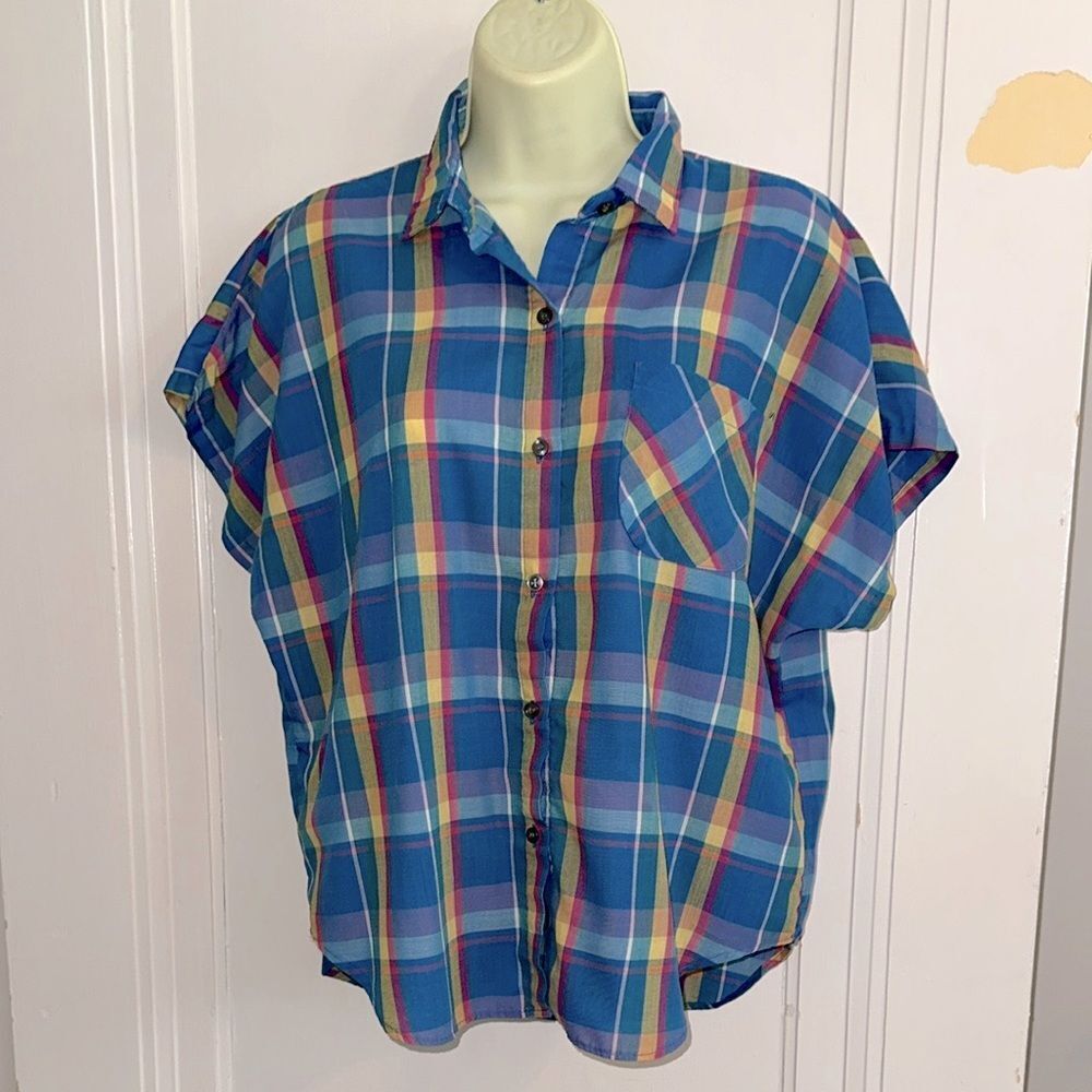 Vtg 80s Blue, Yellow, Pink & Lavender‎ Plaid Button-Up Oversize Cap Sleeve Shirt